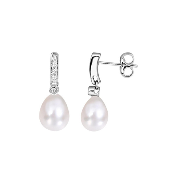Boucles d'oreilles pendantes perle de culture d'eau douce diamant 0.06ct