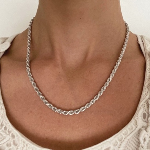 Collier argent rhodié chainage corde torsadée