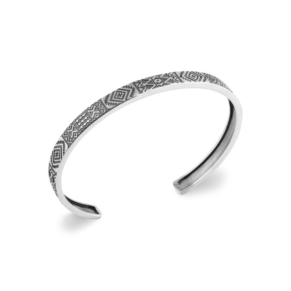 Bracelet demi-jonc homme en argent avec motif aztèque Bracelet demi-jonc homme en argent avec motif aztèque