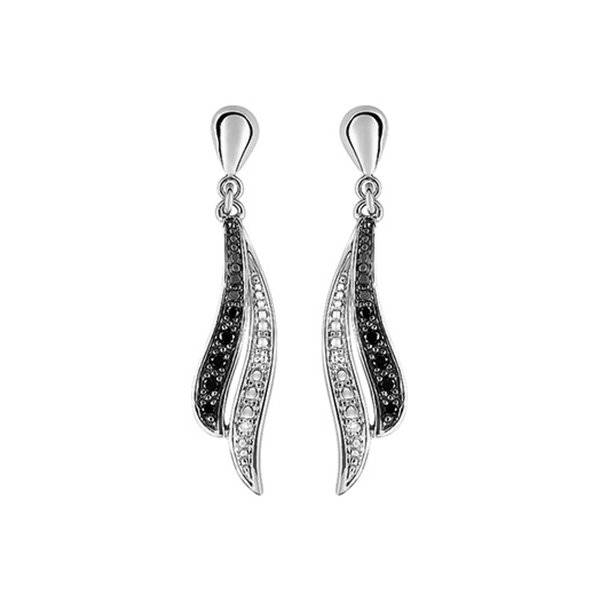 Boucles d'oreilles pendantes diamant blanc + noir trilogie 0.084ct Or Blanc 750
