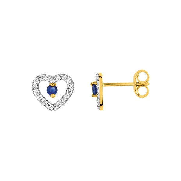 Boucles d'oreilles coeur clou saphir oxydes de zirconium Or Jaune et Blanc Or 375