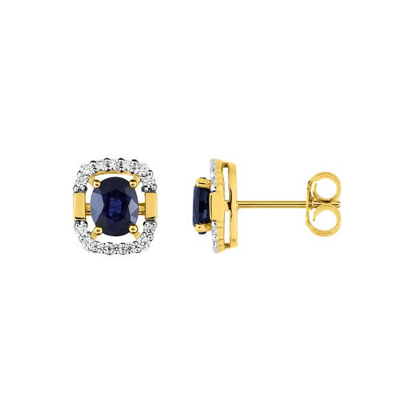 Boucles d'oreilles clou saphir diamant 0.136ct Or Jaune 750 rhodiée