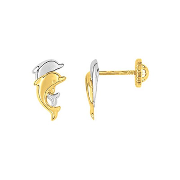 Boucles d'oreilles dauphins enfant clou vis Or Jaune et blanc Or 750