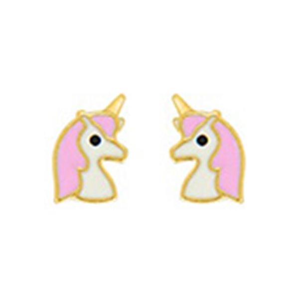 Boucles d'oreilles enfant licorne clou laqué Or Jaune 750