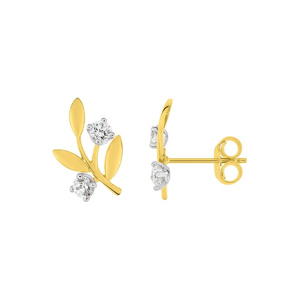 Boucles d'oreilles feuille clou oxydes de zirconium 0.56c Or Jaune 375 rhodiée